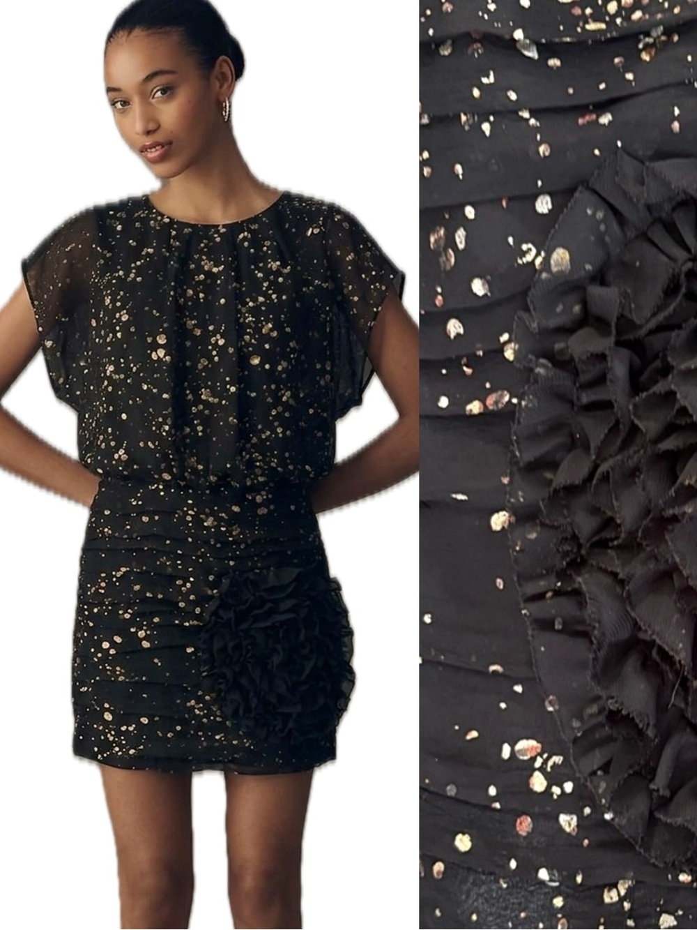 Silk Blend Blouson Pleated Mini Dress Size 0 XS Black Metallic Dot Patterned